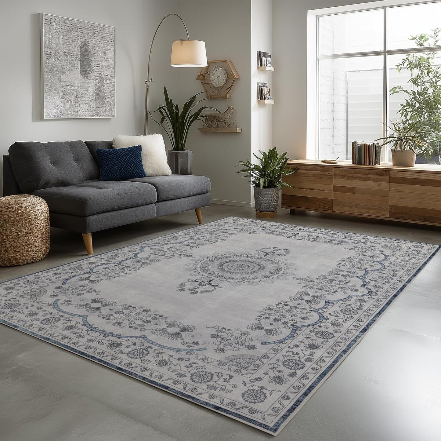 Washable 6x9 Area Rug for Living Room, Carpet for Bedroom Dining Room, Non Slip&Non-Shedding Resistant Low Pile Vintage Print Rug for Home Office (Grey/Blue)
