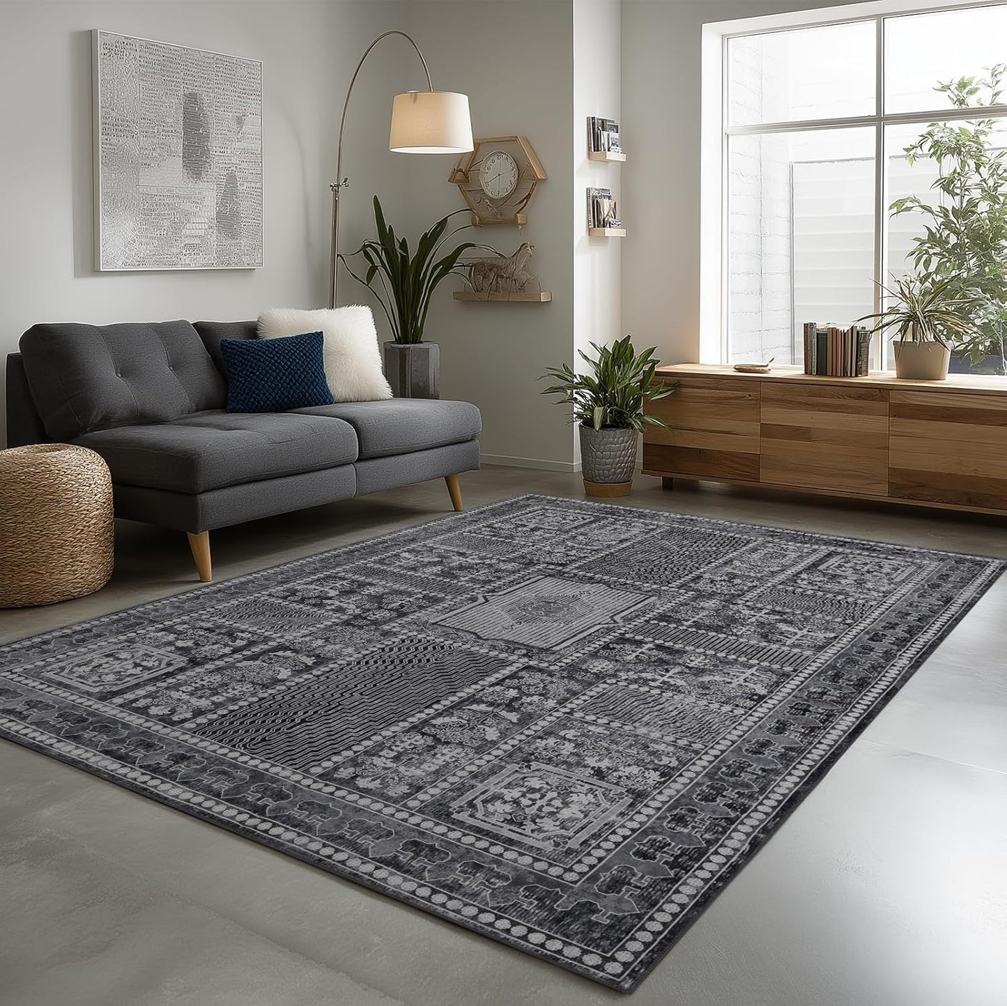 9x12 Area Rug Living Room Rugs, Stain Resistant Washable Rug, Vintage Large Non-Slip Backing, Low Pile Lightweight Print Rug for Bedroom Dinning Room Home Office (Grey)