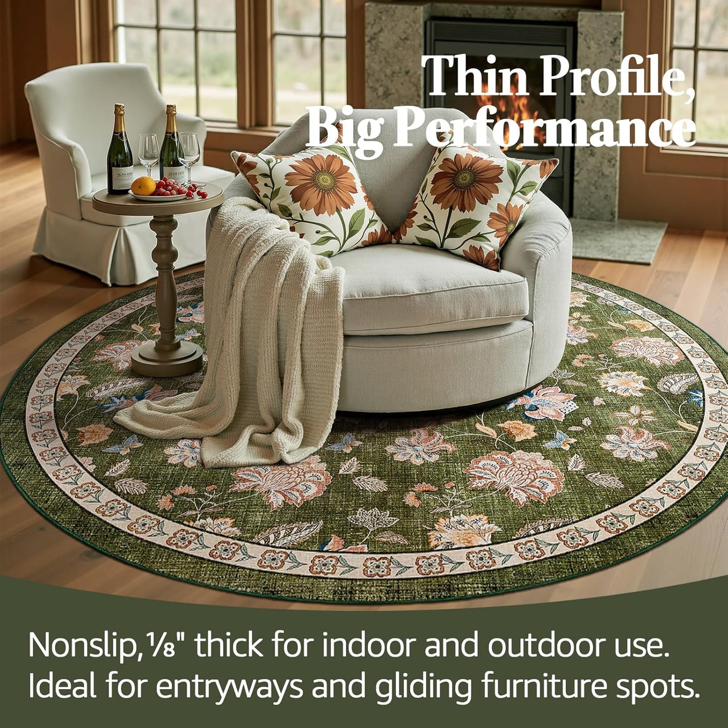 jinchan 6ft Floral Round Rug for Dining Room Washable Living Room Rug Vintage Romance Design Non Slip Indoor Floor Cover Lightweight Low-Profile Throw Carpet for Bedroom Porch Patio, Green