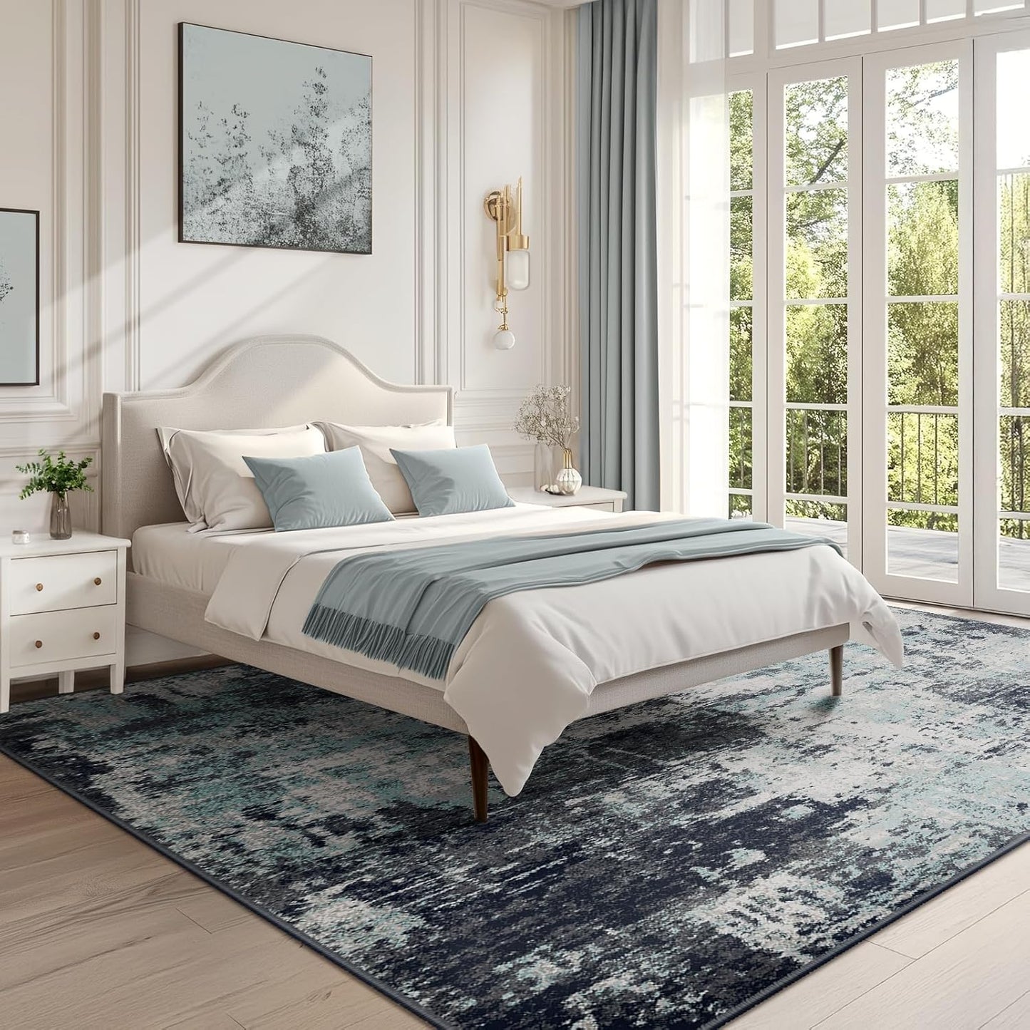 Washable Area Rugs 9'x12' Non-Slip Modern Abstract Soft for Living Room Entryway Bedroom Nursery, Print Pattern, Blue Black Teal