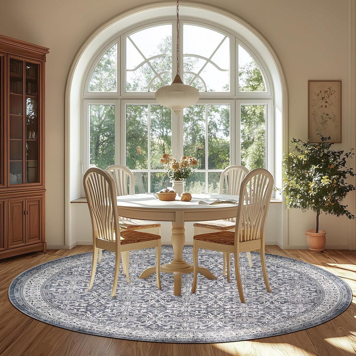 jinchan Round Rug 8ft Washable Circle Soft Rug - Low Pile Vintage 8'Round Indoor Grey Floral Print Stain Resistant Boho Carpet Ultra-Thin Non-Slip for Living Room Bedroom Dining Room Kitchen