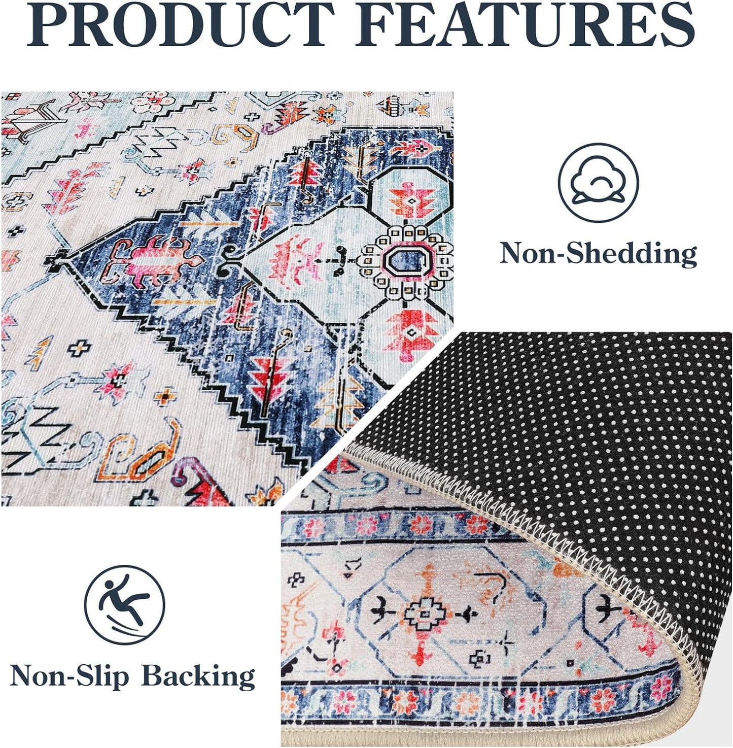 Lahome Boho Round Rug - 8Ft Washable Area Rug, Non-Slip Small Bathroom Rug, Lightweight Bedroom Throw, Oriental Distressed Print Carpet for Entryway, Sofa, Nursery, Kids Room