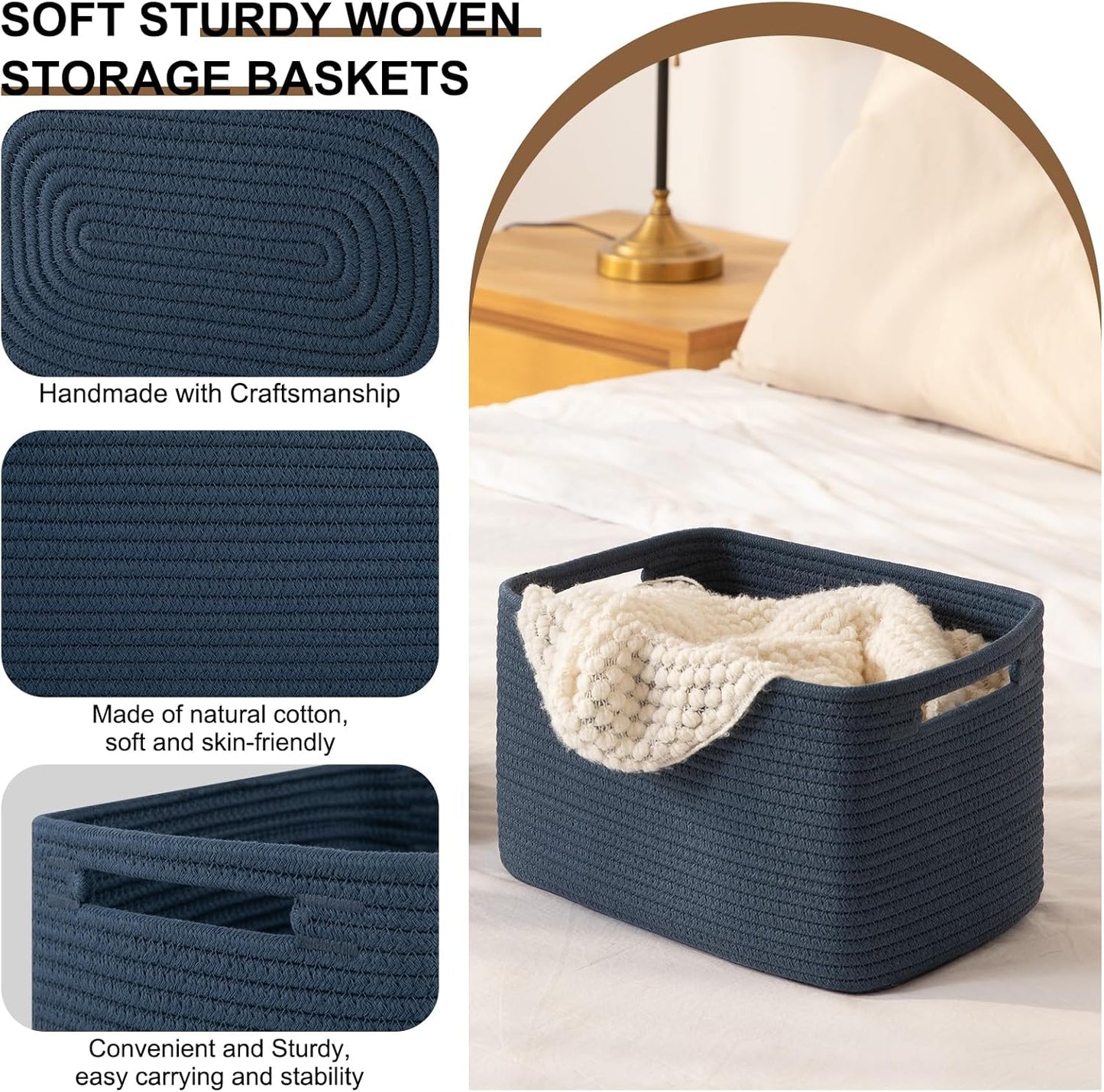 Storage Baskets for Organizing, Woven Decorative Baskets for Shelves - Books, Towels, and Clothes, Cotton Rope Toy Storage Bins, 12.7''Lx9''Wx7.8''H, Pack of 4, Blue
