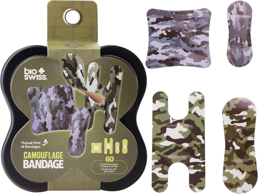 BioSwiss Bandages, Assorted Size Camoflauge Print Self Adhesive Bandage, Latex Free Sterile Wound Care, First Aid Kit Supplies for Kids and Adults, 60 Count