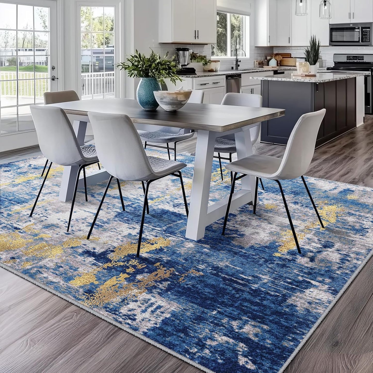 Washable Area Rugs 5'x7' Non-Slip Modern Abstract Soft for Living Room Entryway Bedroom Nursery, Print Pattern, Grey Blue Gold/Golden