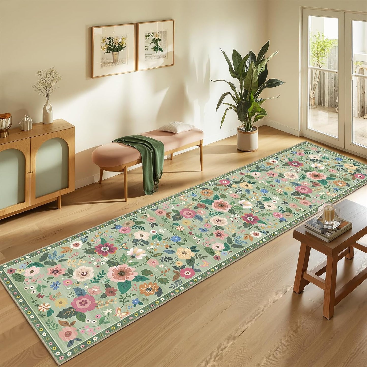 Floral 2x8 Area Rug Machine Washable Soft Print Boho Carpet Non Slip Doormat Low Pile Flower Area Rugs for Living Room Bedroom Nursery Kitchen Dining Room Indoor-Light Green