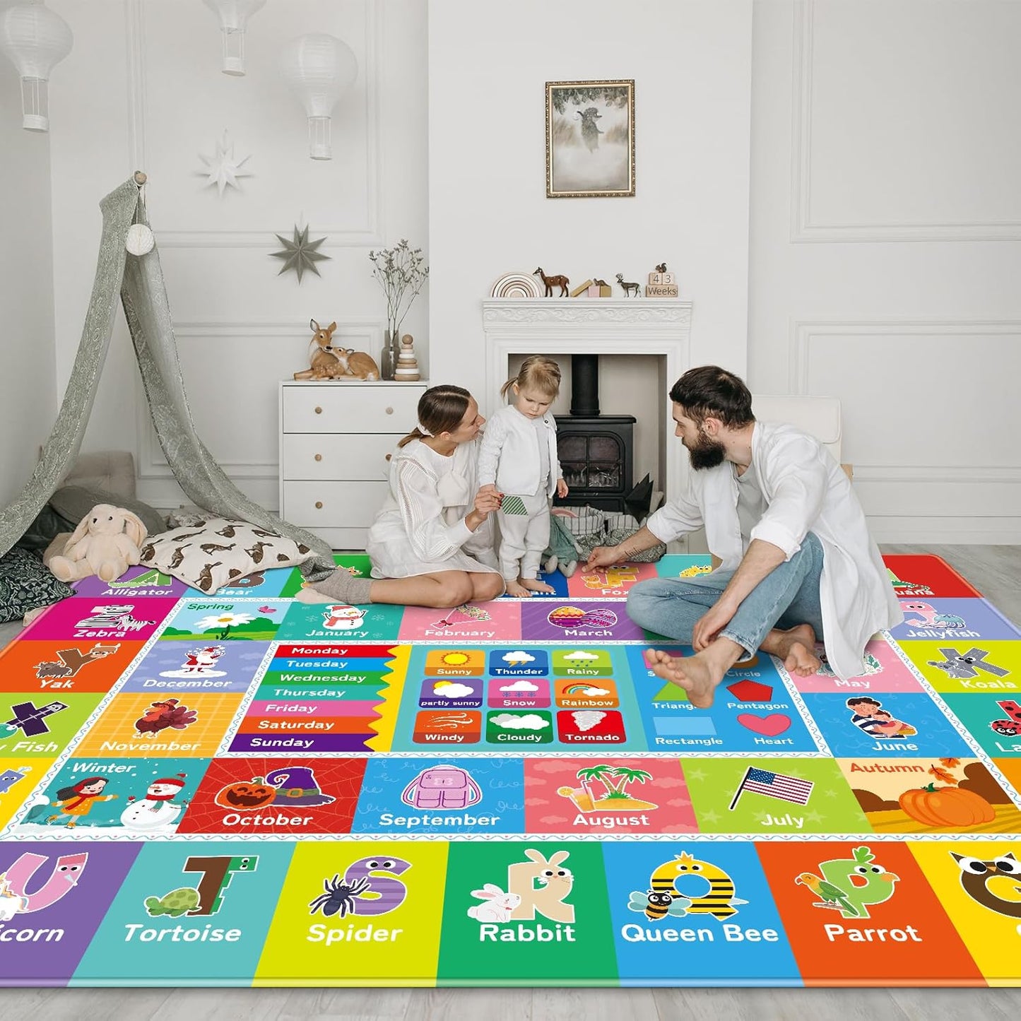 Kids Rug for Playroom, Kids Baby Playmat with Alphabet, Month, Weather, Week and Shapes ABC Educational Rug, Play Mat Carpet for Bedroom Classroom (110.2X78.7 INCH, Weather)