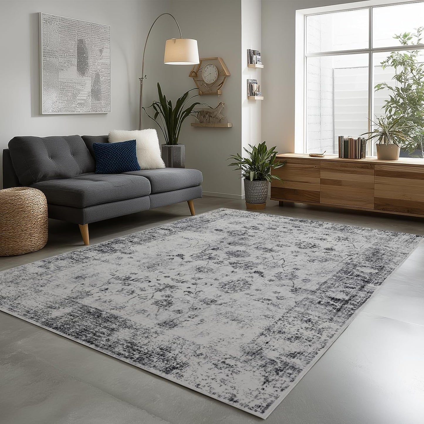 9x12 Area Rug Living Room Rugs, Stain Resistant Washable Rug, Vintage Large Non-Slip Backing, Low Pile Lightweight Print Rug for Bedroom Dinning Room Home Office (White/Grey)