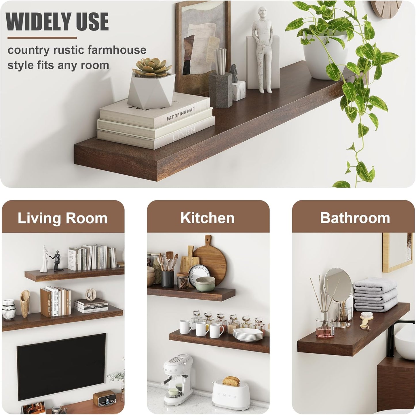 Floating Shelves for Wall, USA-Sourced Walnut Wood 55 Inch Long Wall Shelves, Natural Wooden Wall Mounted Picture Ledge Shelf, Nursery Book Storage Shelf Kids Bookshelf, Display Shelf for Bathroom