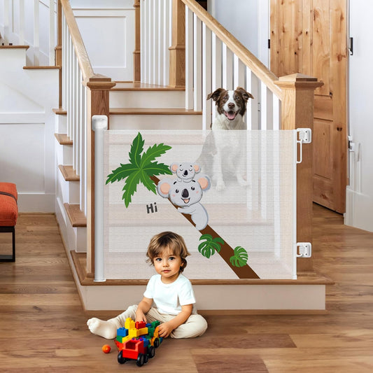 HOMEAL Retractable Baby Gate for Stairs & Doorways, Outdoor Indoor Retractable Mesh Gates for Baby and Pet, Extra Wide Safety Gate for Deck, Porch, Hallways, Patio(Sloth,Width Up to 55")