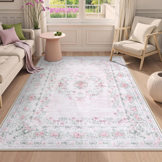 Wonnitar Floral Bow Pink Rug for Bedroom, Washable 5x7 Area Rug for Girls Nursery, Ultra-Thin Non Slip Soft Boho Carpet for Kids Room Dorm Living Room, Light Pink