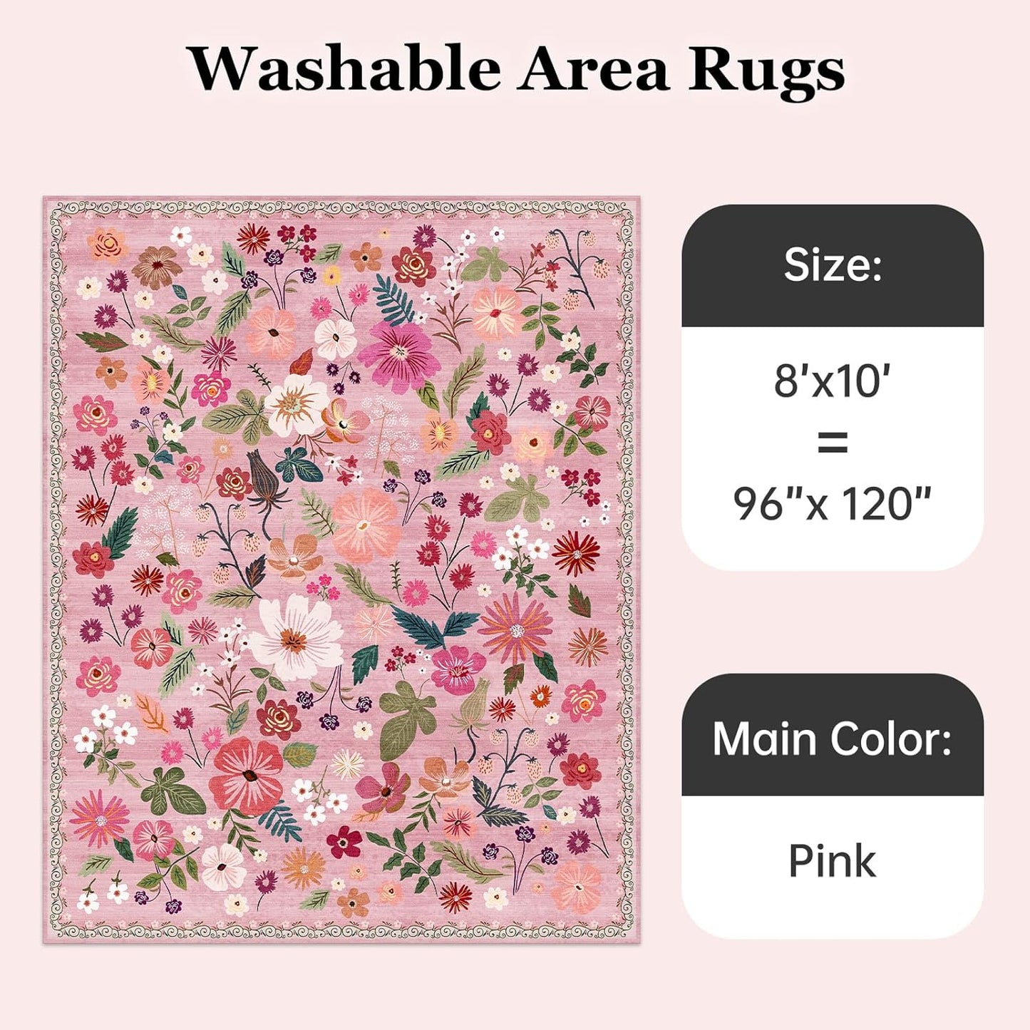 Nursery Rug 8x10 Pink Floral Rugs Boho Washable Retro Aesthetic Low Pile Non Slip Stain Resistant Large Area Rug for Girls Bedroom Living Room Dining Room Kids Playroom College Dorm Carpet