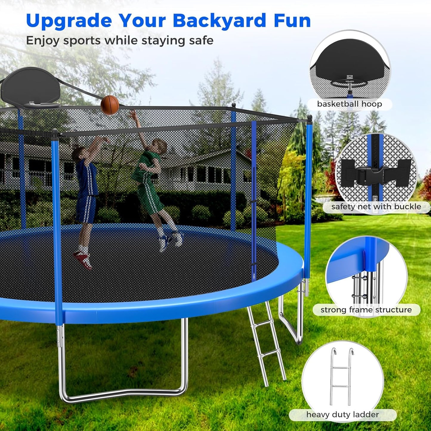 Upgraded 10/12/14/15/16FT Trampoline Outdoor, Large Kids Trampoline with Light, Stakes, Sprinkler, Backyard Trampoline with Basketball Hoop and Net, Capacity for 4-6 Kids and Adults