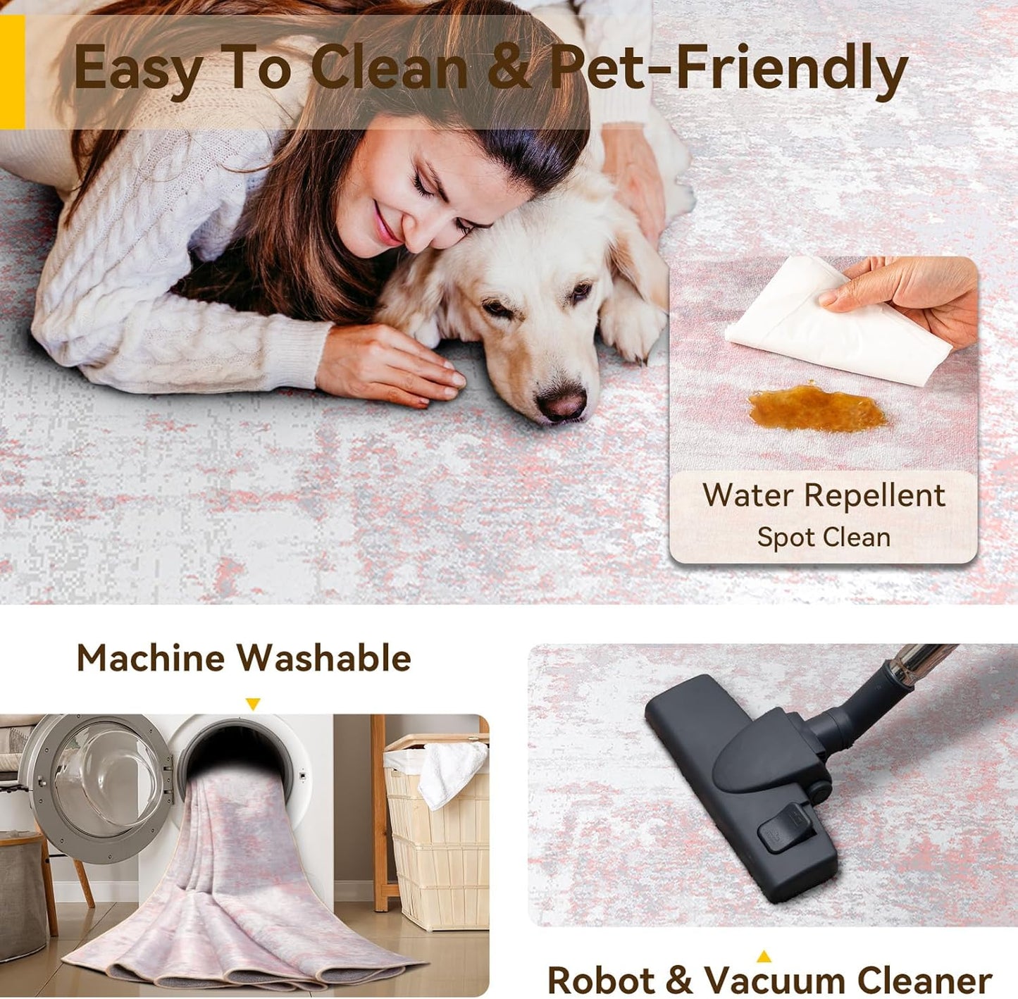 Washable Area Rugs 8ft Non-Slip Modern Abstract Soft for Living Room Entryway Bedroom Nursery, Print Pattern, Grey Pink