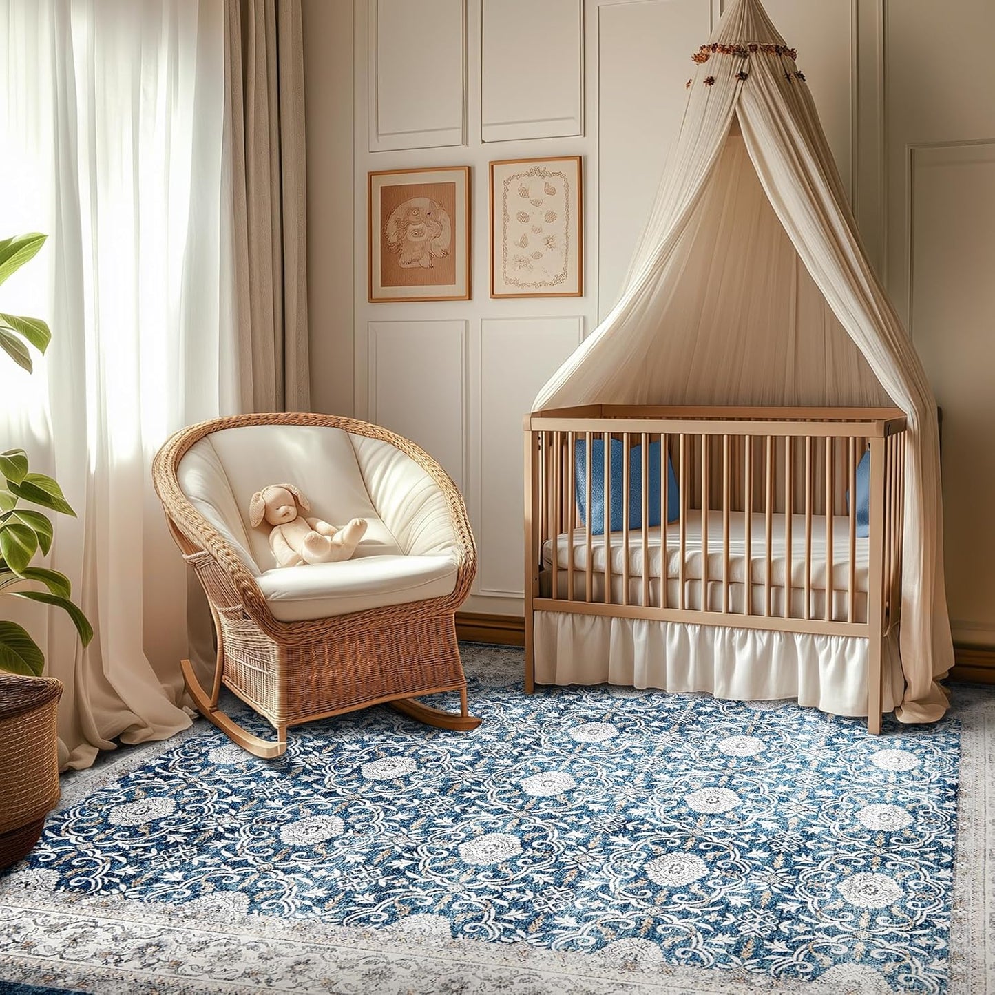 jinchan Floral Area Rugs 4x6 Machine Washable Vintage Distressed Boho Design Throw Rug Stain Resistant Carpet Low Pile Ultra-Thin Non-Slip for Bedroom Living Room Dining Room Kitchen(4‘x6',Drak Blue)