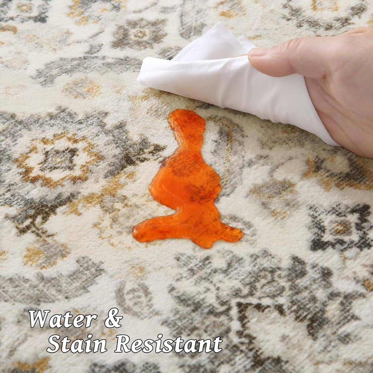 Washable 4x6 Rugs for Living Room, Boho Non-Slip Silicone Backing Small Rugs for Bedroom Nursery Office, 0.3" Neutral Oriental Throw Carpet with 0.16" Cushioning Pad, Grey/Multi