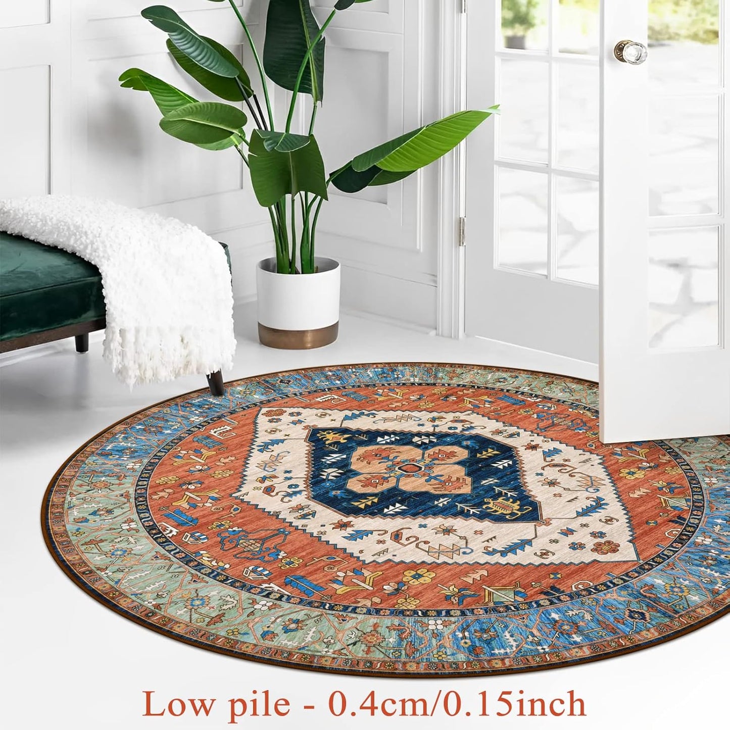 Lahome Boho Washable 5Ft Round Area Rug, Non-Slip Throw Untra-Thin Round Carpet, Oriental Vintage Distressed Circle Rug for Dining Living Room Bedroom Kitchen Office, 5x5/Rust