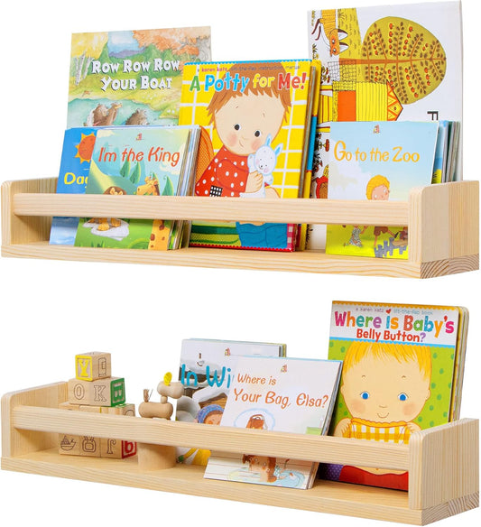Fun Memories Nursery Book Shelves, 24Inch Floating Shelf for Wall, Wall Bookshelf for Kids Solid Wood Wall Mounted Shelves for Books,Toys and Decor Storage, Set of 2