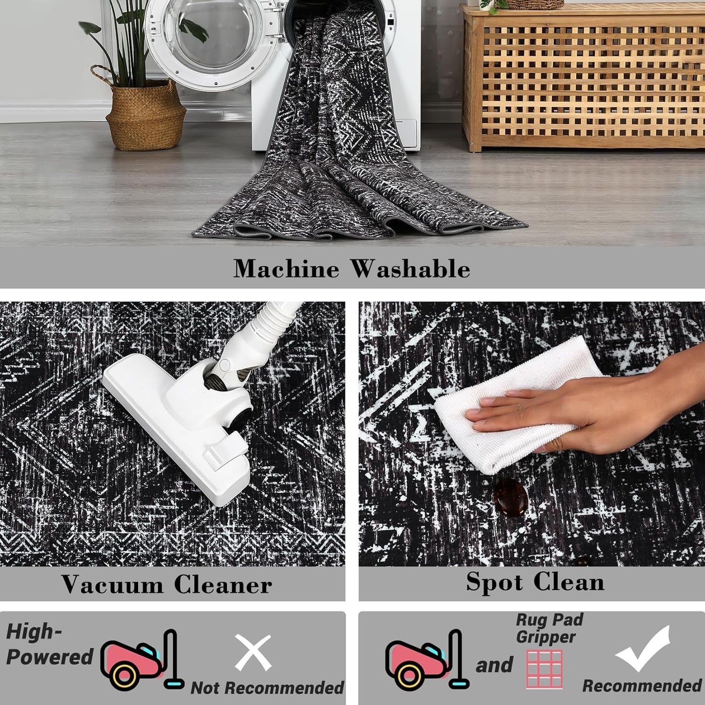 COZYLOOM 4x6 Washable Rug for Bedroom Vintage Non Slip Large Area Rug Geometric Soft Throw Rugs Low Pile Stain Resistant Carpet for Office Dining Room Living Room, Black