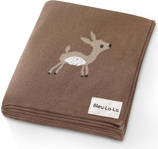 Knit Baby Swaddling Blanket - 100% Cotton Lightweight Soft Cozy Receiving Swaddle Crib Stroller Quilt Blanket for Shower Gift Registry for Newborns, Infants, Toddlers (Deer - Mocha)