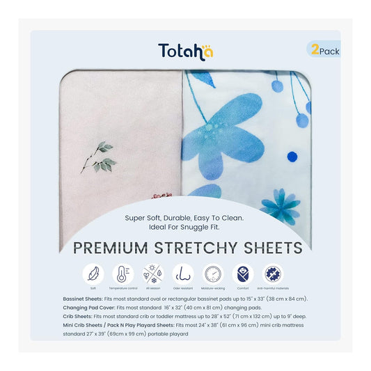 TotAha Premium Stretchy Changing Pad Covers (2-Pack)-Hypoallergenic, Silky Comfort, Buttery Soft, Calming Effect, All-Season Jersey-Knit 32 X 16 X 5''(Blue Flower & Small Floral)