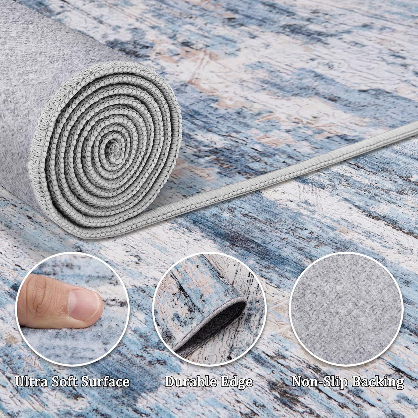 9x12 Area Rug Living Room Rugs - Washable Rug Large Modern Abstract Soft Thin Carpets Indoor Floor No Slip Vintage Carpet for Bedroom Under Dining Table Nursery Home Office Decor Blue