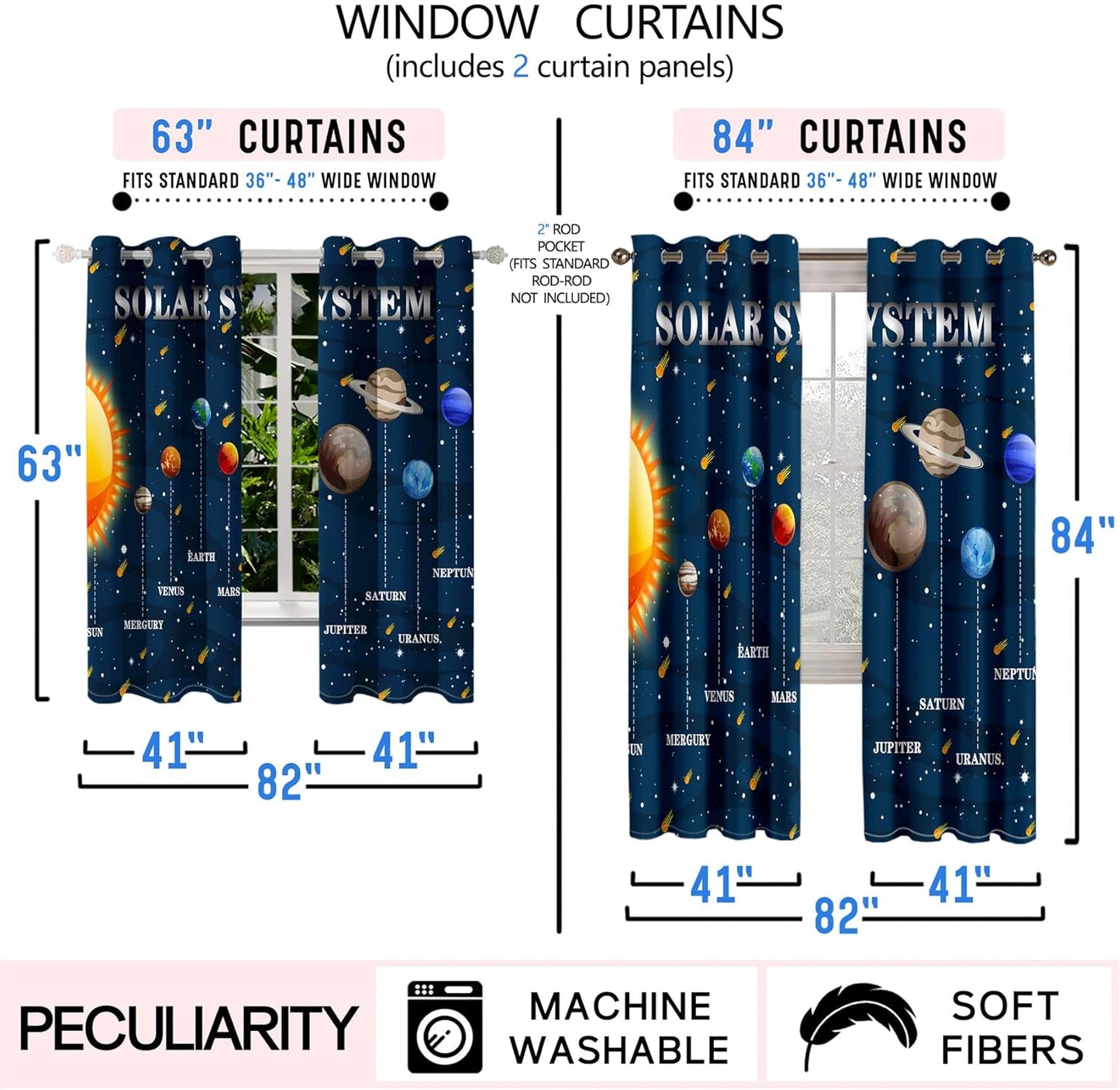Outer Space Curtains for Boys - 2Pcs 82" x 63" Solar System Print Curtain Panels for Boys Bedroom Planets Galaxy 95% Blackout Grommet Top Window Drapes for Living Room