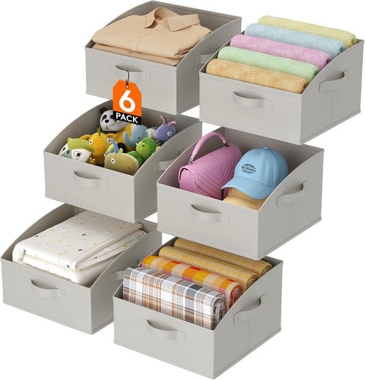 Lifewit Storage Baskets for Shelves, 6 Packs Non-woven Fabric Trapezoid Closet Organizer Bins with Handles, Foldable Clothing Containers Box for Clothes, Toy, Towel, Book, DVD, Hats, Small-Light Grey