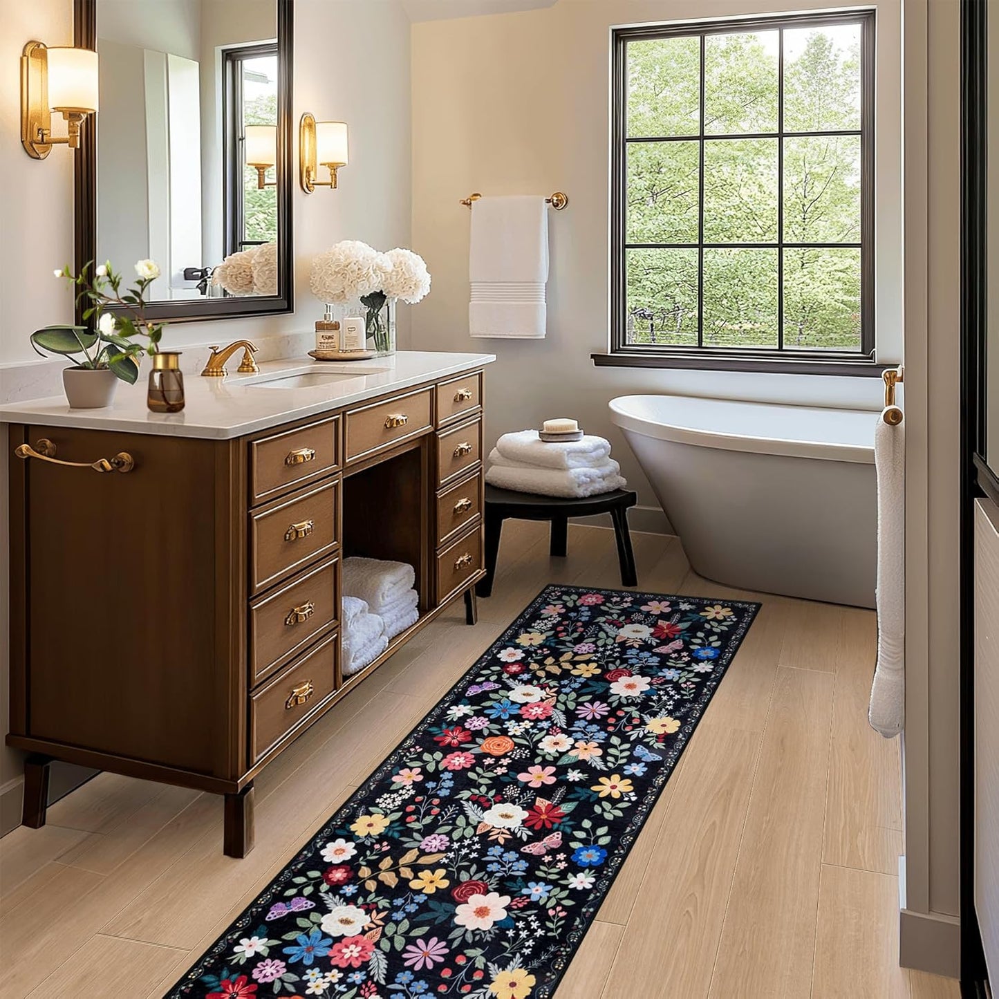 Runner Rug for Entryway: 2x10 Kitchen Rugs Non Slip Washable Ultra-Thin Soft Floral Carpet Indoor Floor Stain Resistant Carpets for Hallway Bedroom Kitchen Laundry Bathroom Dorm Black