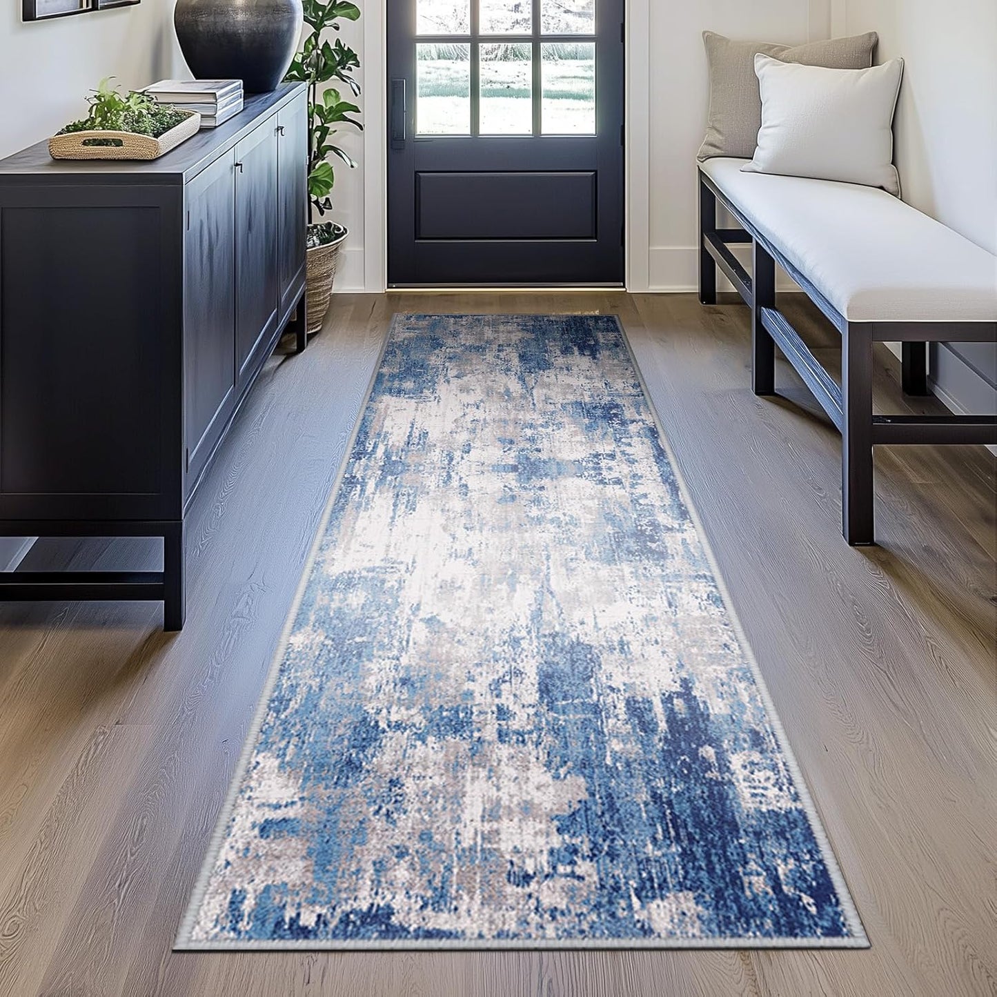 Washable Area Rugs 2'x10' Non-Slip Modern Abstract Soft for Living Room Entryway Bedroom Nursery, Print Pattern, Blue Grey Navy Gray