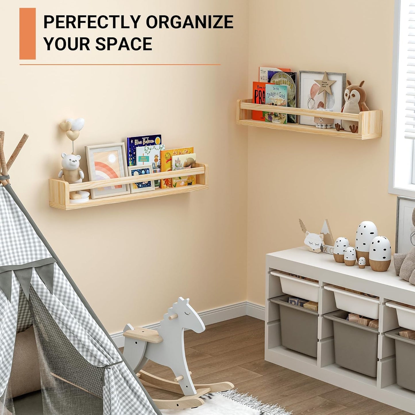 Heimlove Nursery Floating Shelves, Wood Nursery Book Shelves for Wall, 24 inch Wall Bookshelf for Kids Solid Wood for Books,Toys and Decor Storage, Set of 3