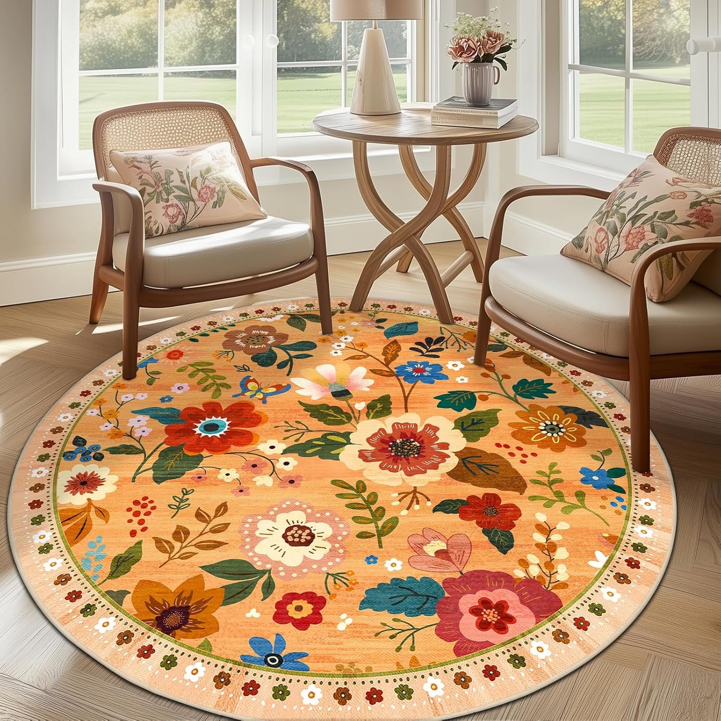 Floral 6ft Area Rug Machine Washable Soft Print Boho Carpet Non Slip Doormat Low Pile Flower Area Rugs for Living Room Bedroom Nursery Kitchen Dining Room Indoor-Yellow/Orange