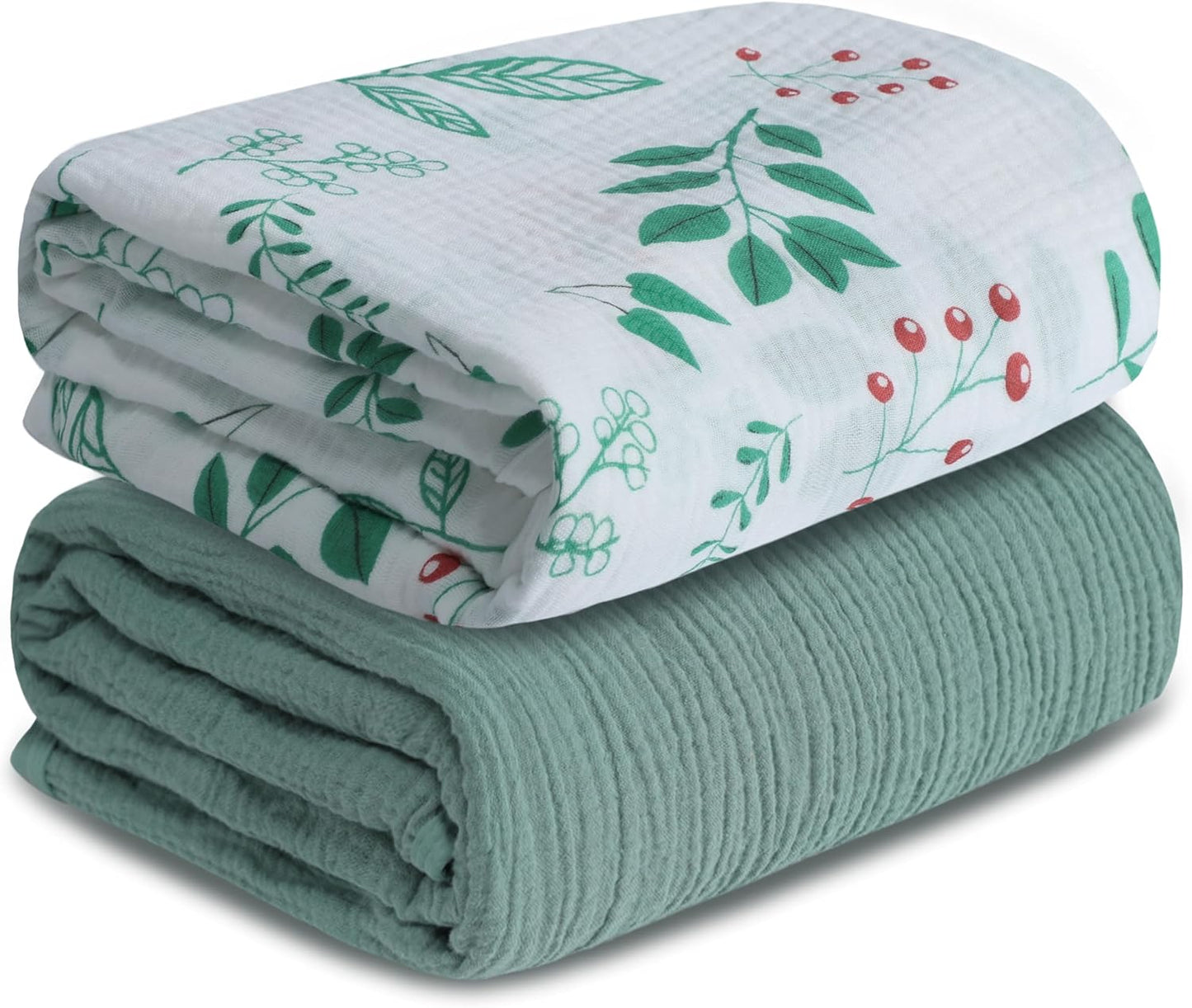 Muslin Swaddle Blankets for Newborn, 2 Pack Breathable Soft Receiving Blanket, Large 41 x 41 inches Swaddle Wrap Burping Clothes, Essentials Infant Shower Items. (Green & Leaves)