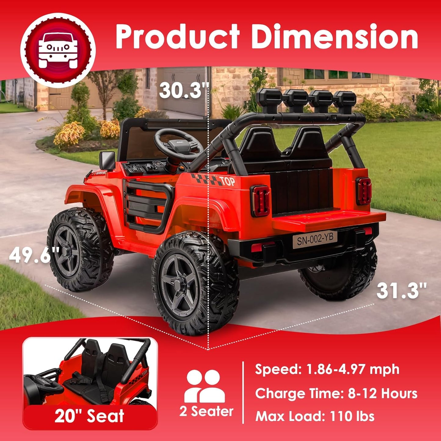 24V 2 Seater Ride On Truck with Remote Control 4WD Electric Car for Kids Ride On Car Battery Powered Ride On Toy Car with Music Player, LED Lights, Bluetooth, Rear Shock Absorber, Red