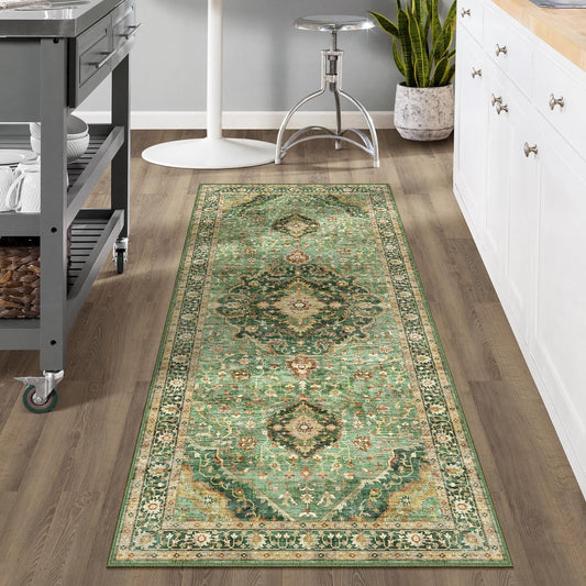 Green Runner Rugs 3x8 Boho Washable Area Rugs for Entryway Bathroom Kitchen, Long Rugs for Hallway Soft Low Pile Non-Slip Rubber Backing Oriental