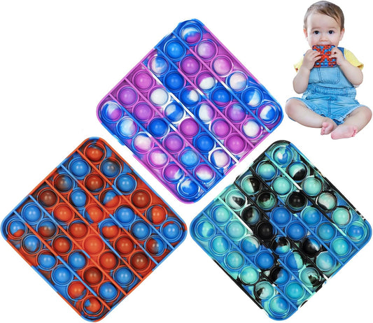 Pop It Fidget Toys - Bubble Tie Dye Fidgets Toys for Anxiety - Sensory Toys for Autism - Stress Relief Toys for Kids with ADHD - Food Grade Silicone 3 Pack Set, Push Pop Fidget Toy (Square)