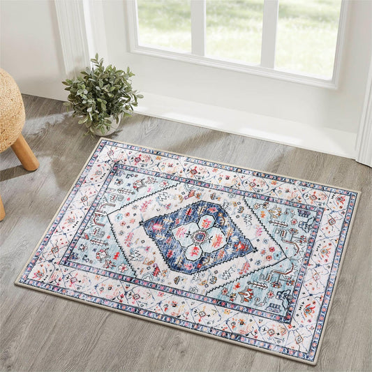 Lahome Boho Round Rug - 8Ft Washable Area Rug, Non-Slip Small Bathroom Rug, Lightweight Bedroom Throw, Oriental Distressed Print Carpet for Entryway, Sofa, Nursery, Kids Room
