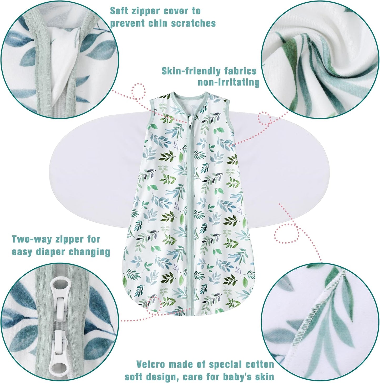 Newborn Sleep Sack Baby Swaddle,Swaddle me 3-6 Month,3-Way Adjustable Wearable Blanket,100% Rayon Cotton Swaddling Sleeping Bag，TOG 0.5 (Leaf, 3-6 Months)