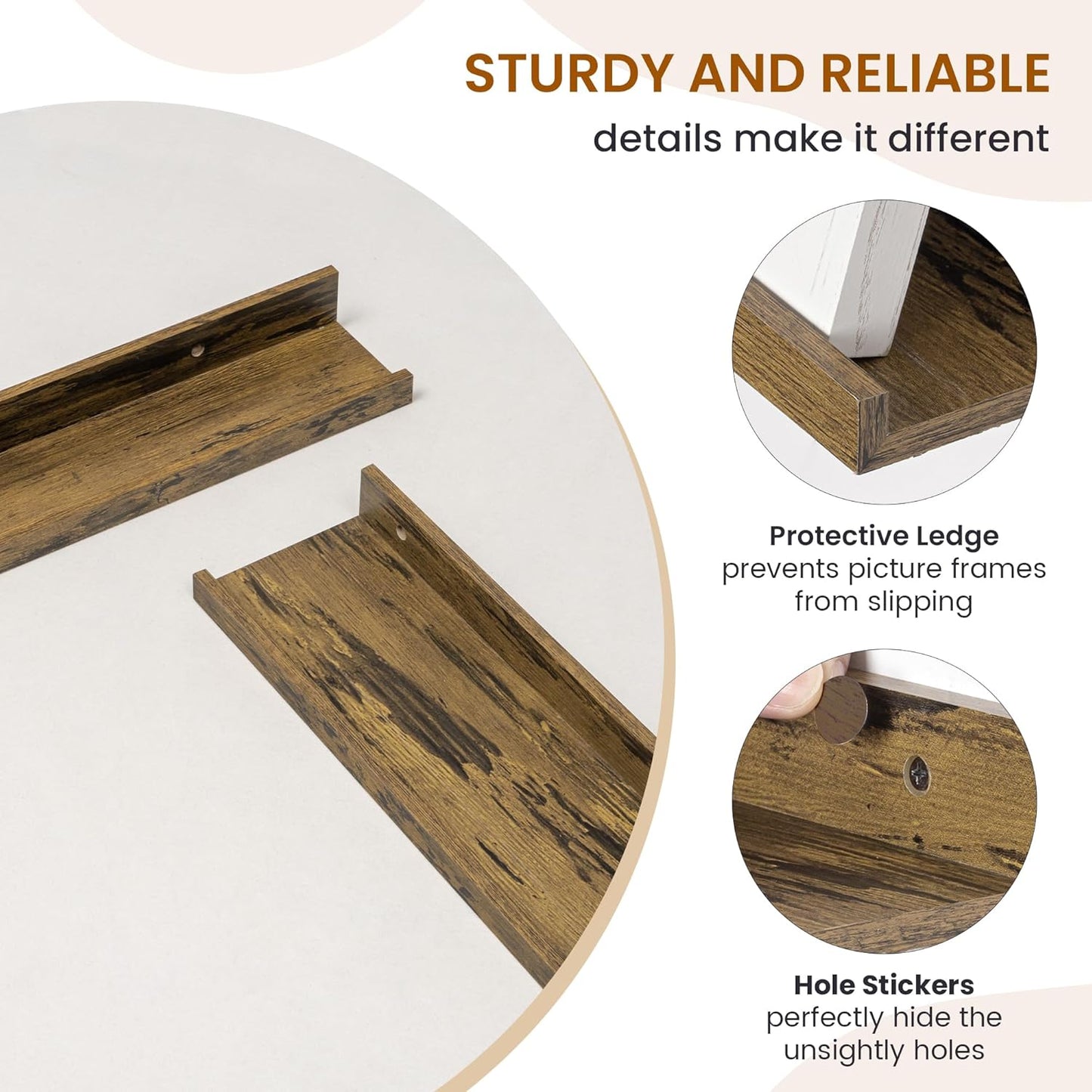 Axeman Picture Ledge Shelf, Floating Shelves for Wall Decor Set of 6, 55 inch Floating Wall Mounted Shelves, Shelves with Lip for Living Room, Bedroom, Nursery, Bathroom, Kitchen, Rustic Brown