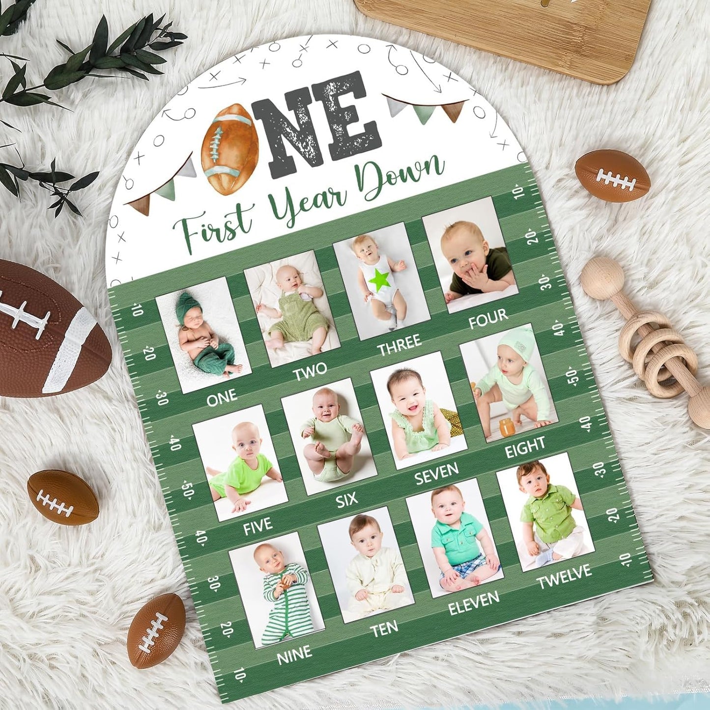 Football First Year Photo Board First Year Down Birthday Party Decorations Wooden Board 12 Monthly Milestone Picture Frame Sports 1st Birthday Photo Banner for Baby Boys Keepsake Gift Supply 2x2.8In