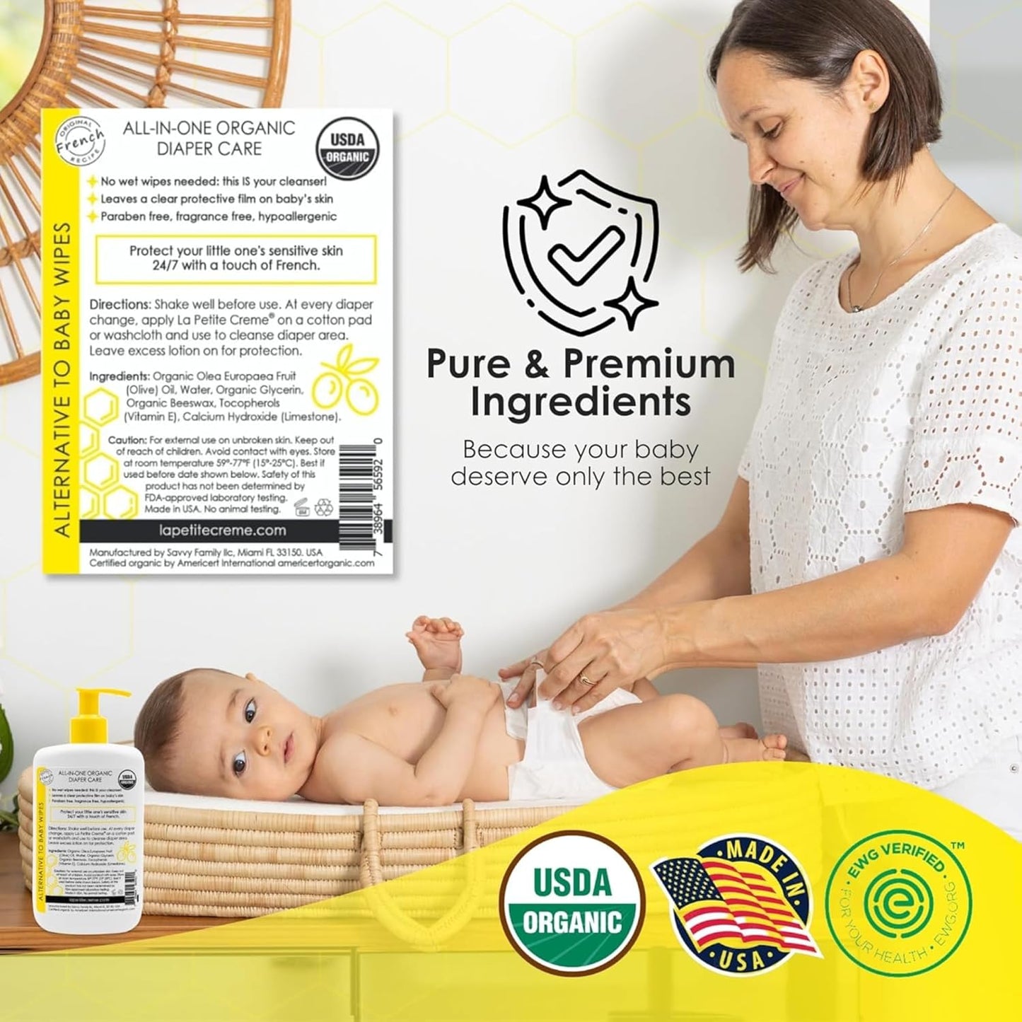 La Petite Creme French Premium Diapering Lotion - Diaper Cream Alternative to Baby Wipes - Gentle Moisturizer & Skin Cleanser with USDA Certified Organic Ingredients - Baby Essentials (8 oz)