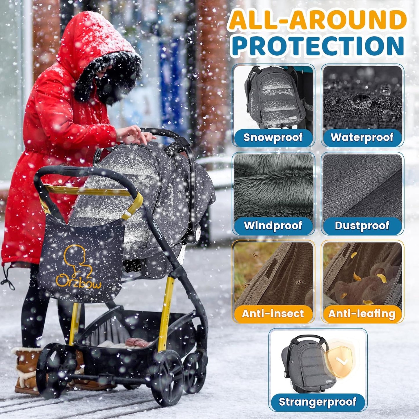 Orzbow Winter Car Seat Cover for Babies, Waterproof Carseat Canopy Cover with Peep Window of Breathable Mesh, Warm and Cozy Baby Car Seat & Carrier Covers for Cold Weather, Machine Washable, Dark Grey