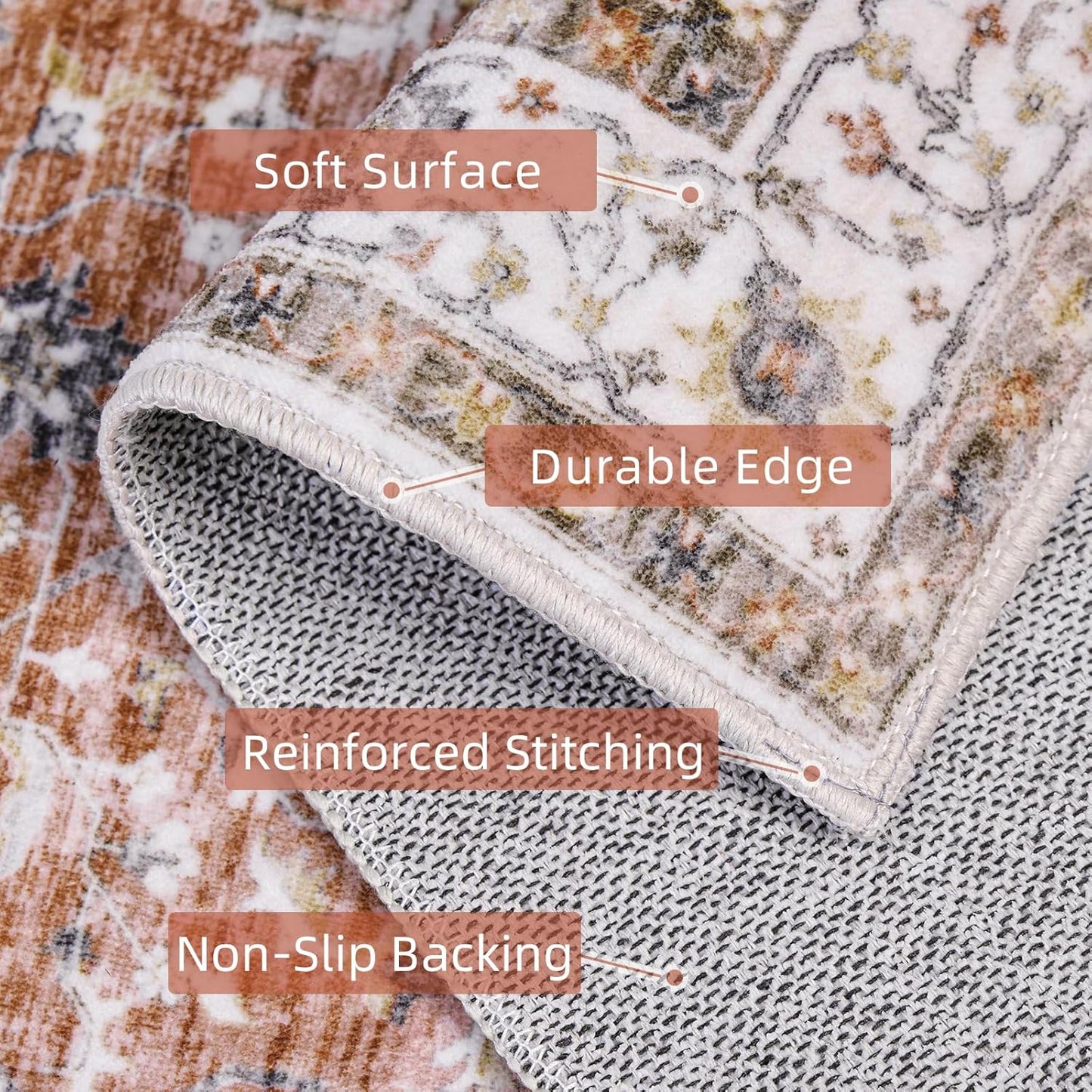 Deerly Rug 3x5 Washable Rug Non-Slip Area Rugs for Bedroom Living Room Kitchen, Printed Low-Pile Ultra-Soft Cute Dorm Rug Room Decor for Teen Girls(Brick Red)(Border Brick Red)