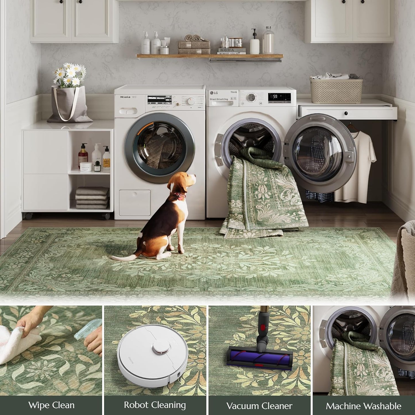 jinchan Green Floral 8x10 Area Rugs for Living Room - Machine Washable Vintage Distressed Design Soft Throw Rug Non-Slip Large Carpet for Bedroom Nursery Dining Room Home Office (8x10ft,Dark Green)