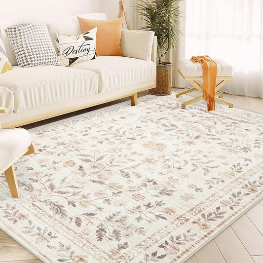 Rugs for Living Room 5x7 Rug, Washable Floral Boho Area Rug Non Slip Soft Low Pile Large Rugs for Bedroom Girls, Dining Room, Office, Kids Playroom(5'x7', Floral Beige)