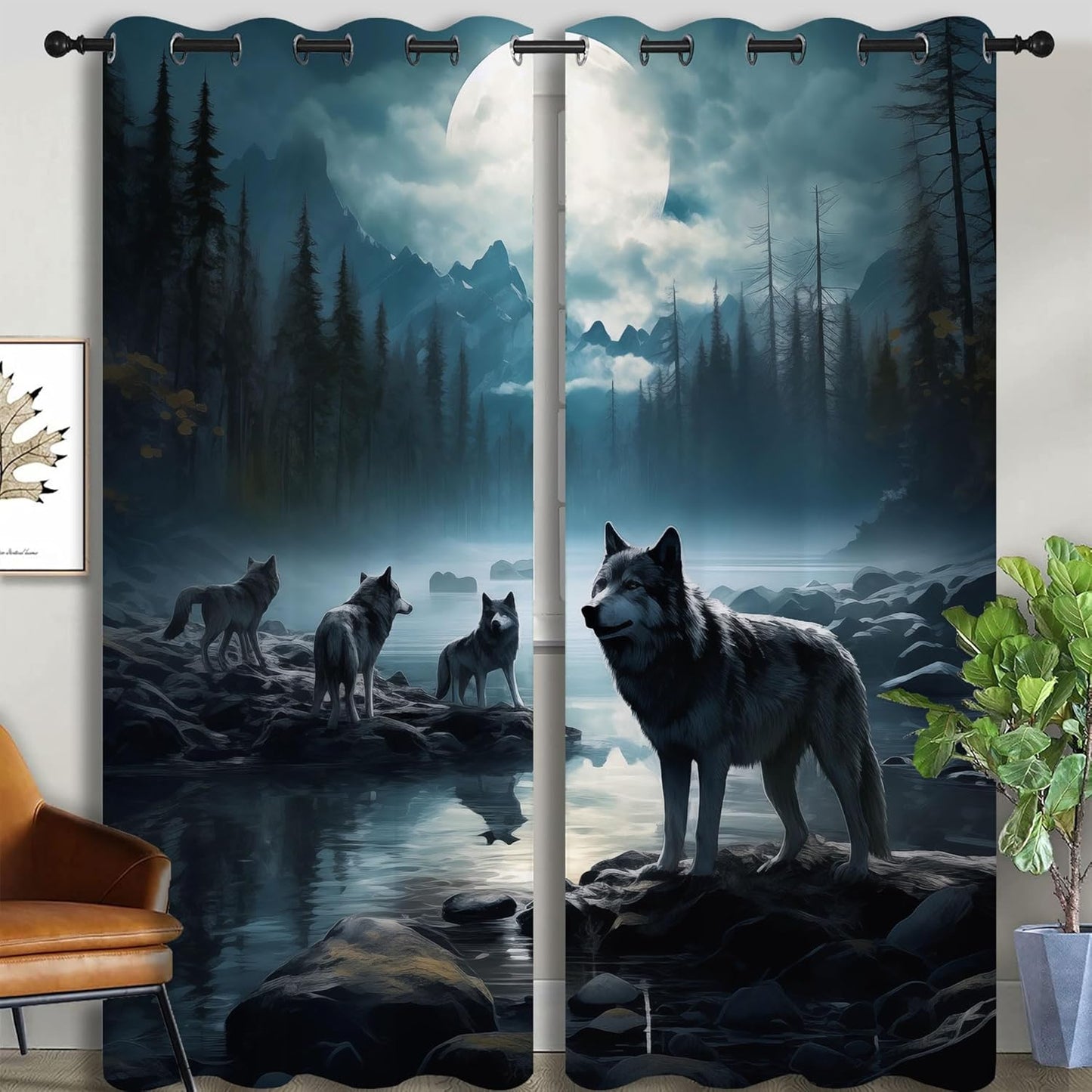 Wolf Blackout Curtains for Boys Girl Bedroom Decor,Dreamy Forest Full Moon Wolf Pack Thermal Insulated Grommet Drapes Darkening Window Curtain for Living Room Home 84x63 inch
