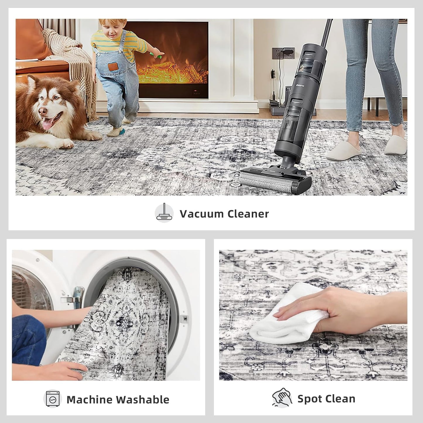 Deerly 8x10 Rug for Living Room Boho Washable Rugs Large Non-Slip Distressed Carpet Area Rug Oriental Neutral Print Floor Rug Indoor Stain Resistant Border Grey/Navy