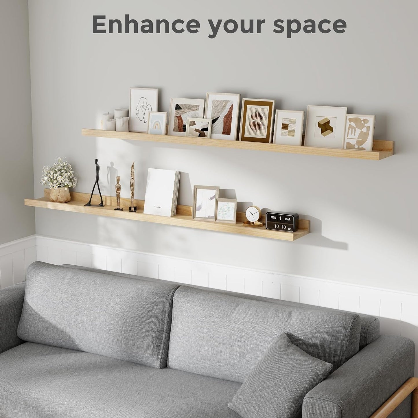 Picture Ledge Shelf, Floating Shelves Set of 2, 55 Inches Long Large Nursery Book Shelves for Toys Storage, Kids Bookshelf Wall Mounted for Living Room Bedroom Decor Books Photo Frames, Natural