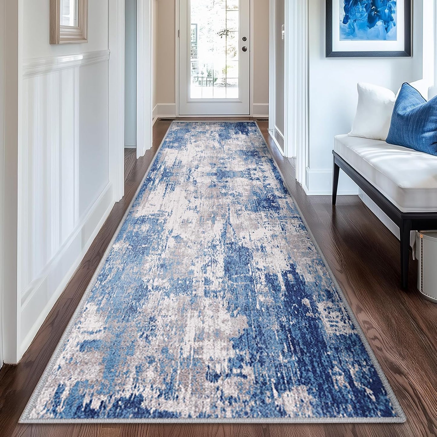 Washable Area Rugs 2'x8' Non-Slip Modern Abstract Soft for Living Room Entryway Bedroom Nursery, Print Pattern, Blue Grey Navy Gray