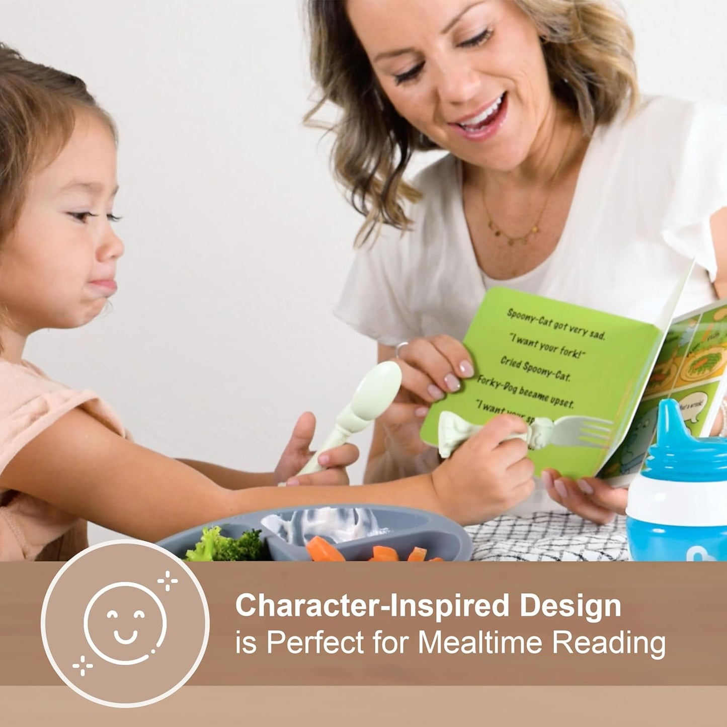 Made in USA Spoon la la Toddler Utensils Set (2 Pack) & Board Book - Spoon & Fork for Kids, Self-Standing 3D Ergonomic Cat & Dog Handles, BPA-free, Dishwasher Safe Baby Silverware (Mint Green)